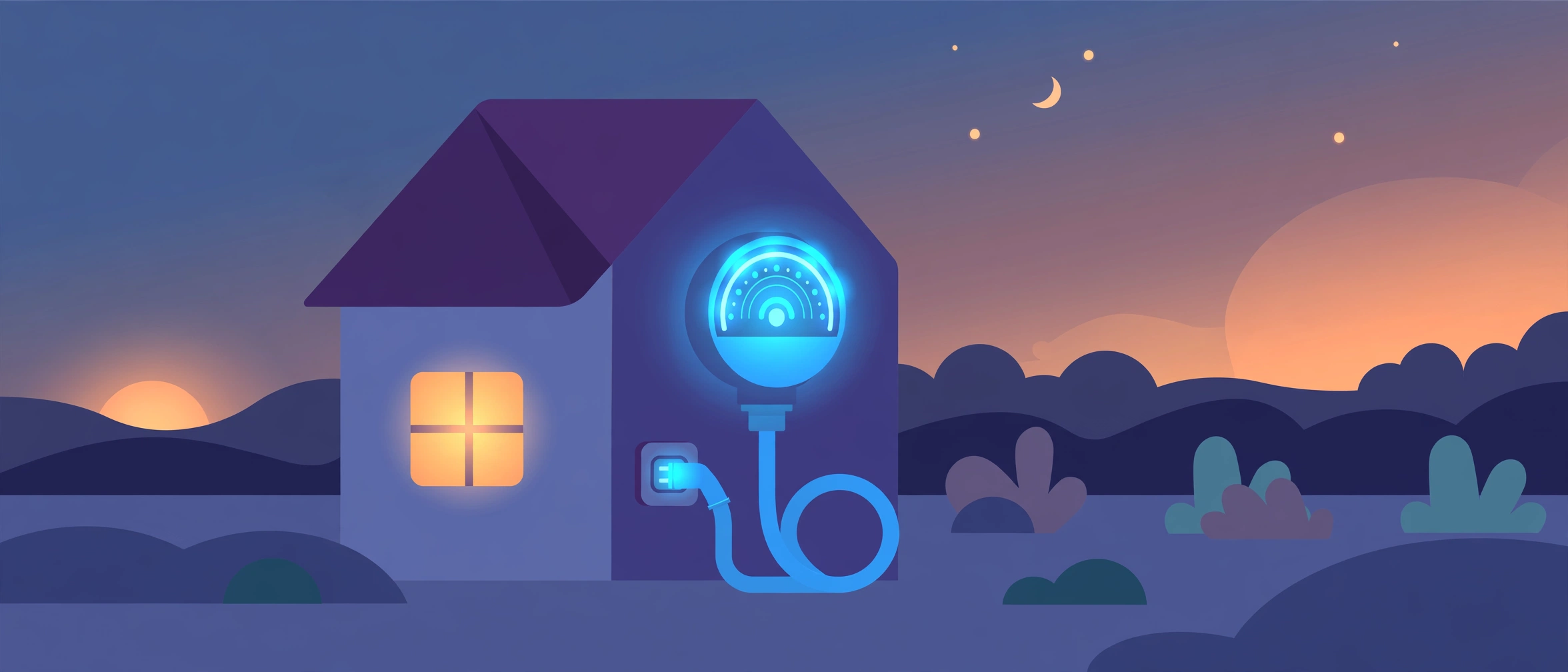 Illustration of a house with an EV charging cable and glowing electricity meter at dusk