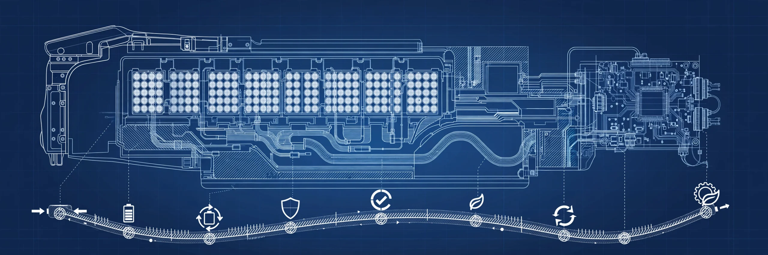 Blueprint-style cutaway illustration of an EV battery pack with a longevity timeline