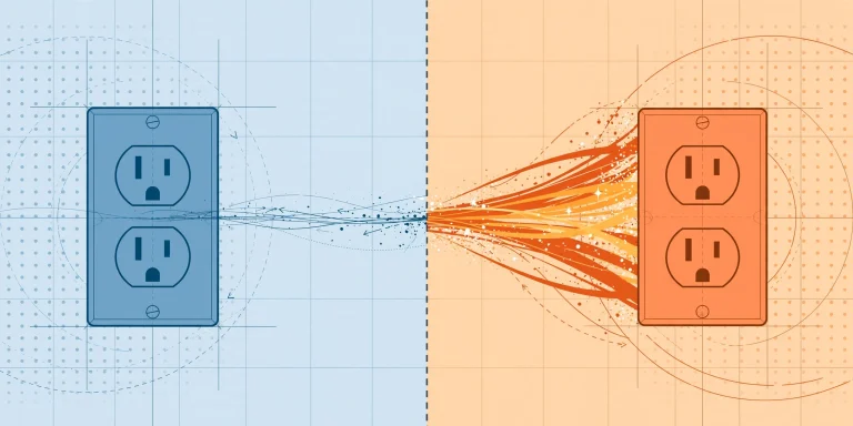 Diagram comparing a 120V outlet with a thin energy stream to a 240V outlet with a thick stream