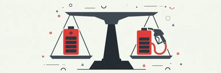 Illustration of a battery icon and a battery-plus-fuel-pump icon balanced on a scale