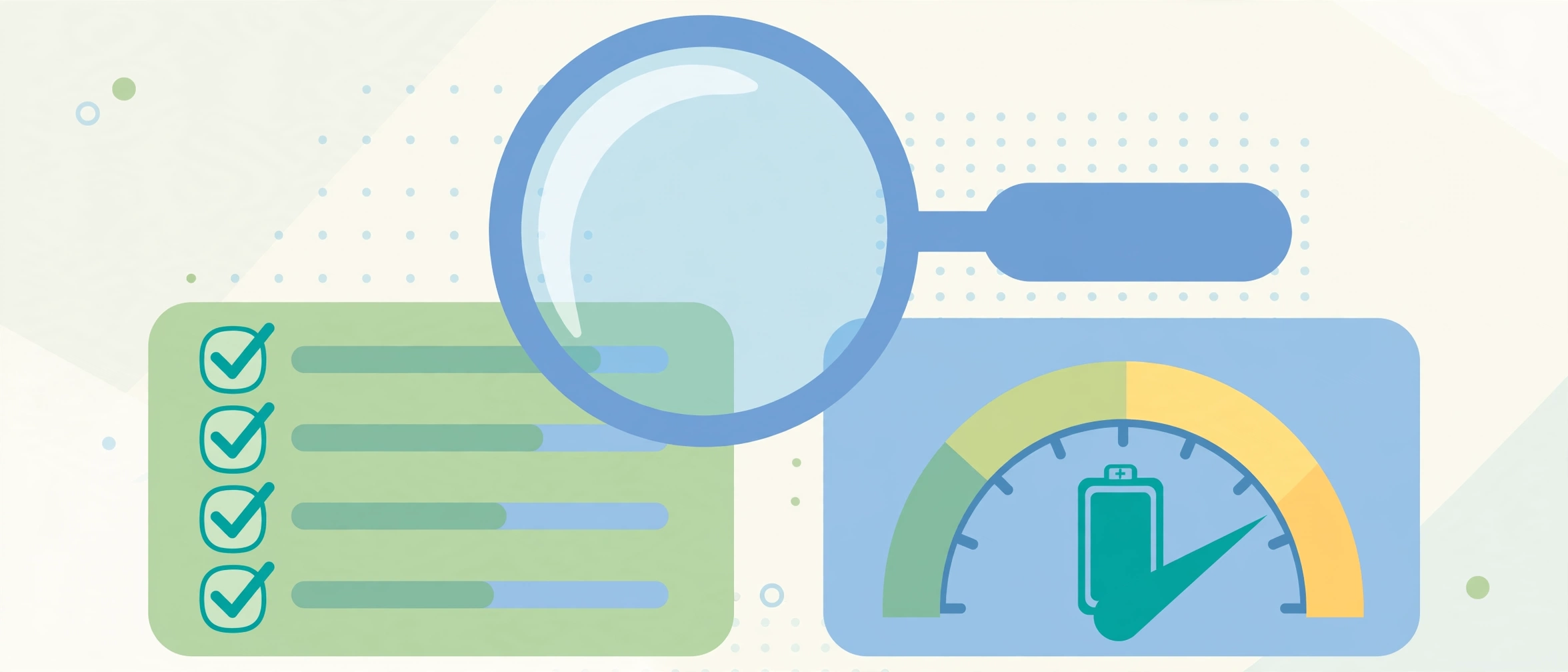 Illustration of a magnifying glass over a battery health gauge and checklist