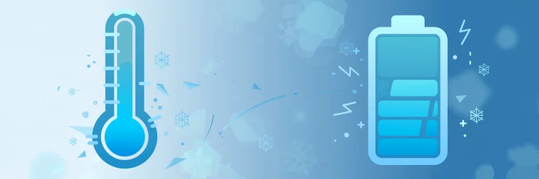 Illustration of a thermometer and battery gauge against a frosty blue background