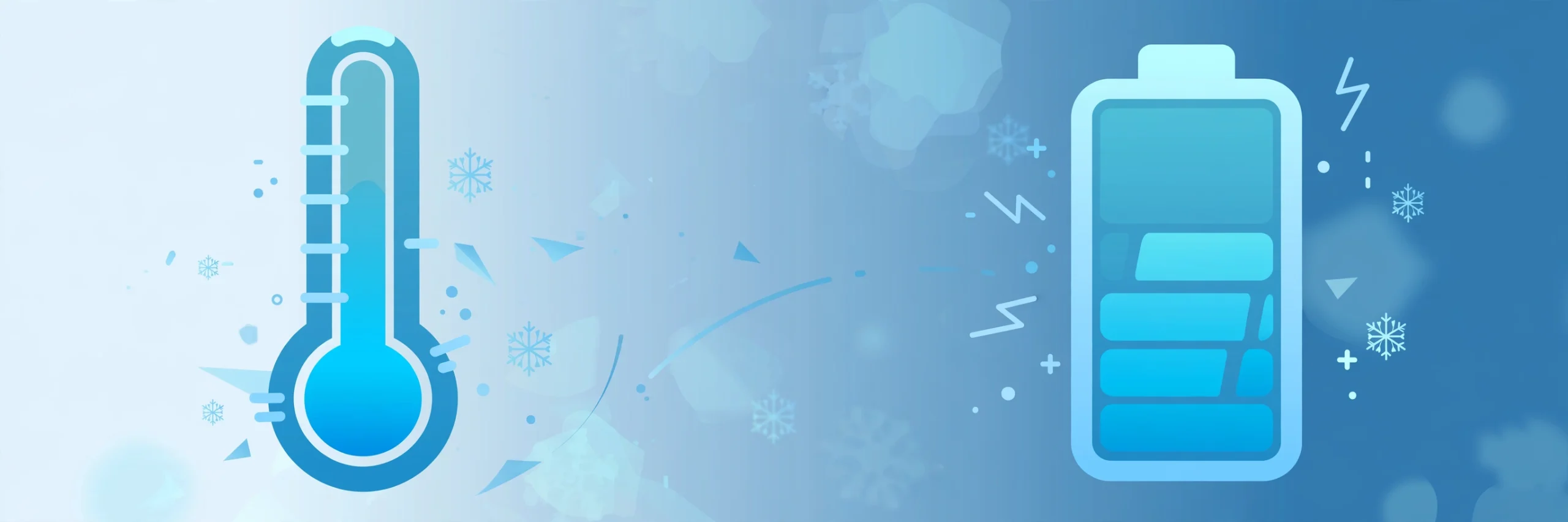 Illustration of a thermometer and battery gauge against a frosty blue background