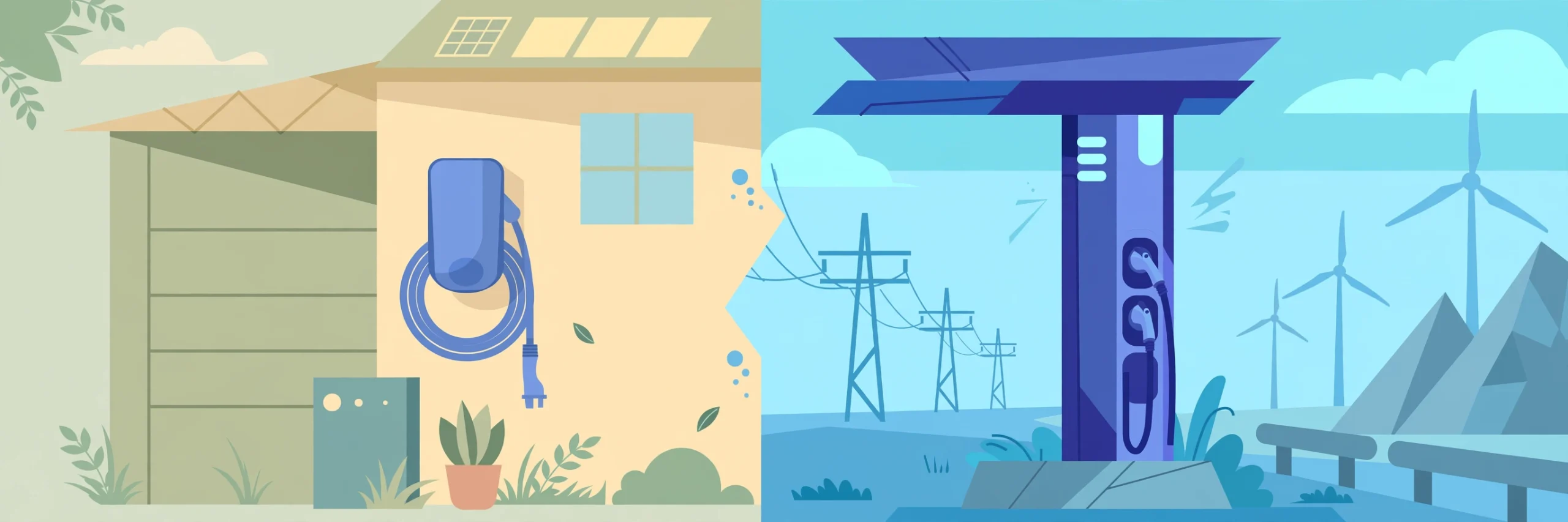 Split illustration of a home wall charger versus a highway fast-charging station