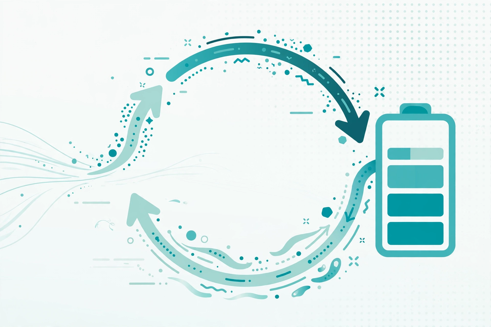 Illustration of circular energy flow arrows looping into a battery icon