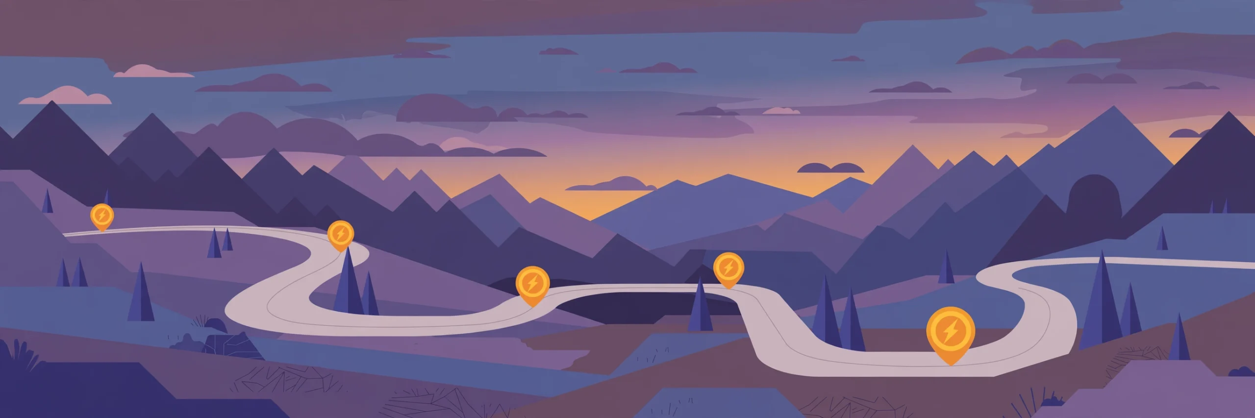 Illustration of a winding mountain highway with charging-bolt waypoints