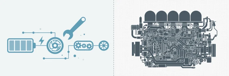 Illustration of a simple electric drivetrain with a wrench beside a complex engine silhouette