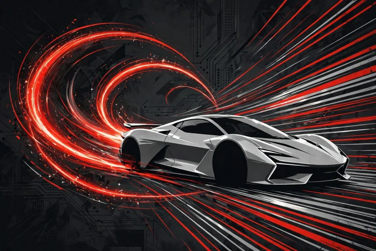 Abstract illustration of a futuristic electric supercar silhouette with rocket thruster trails