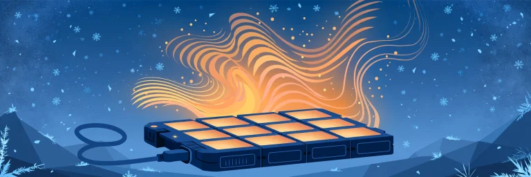 Abstract illustration of an EV battery pack glowing with thermal waves while connected to a charger in winter