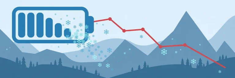 Abstract illustration of a battery gauge with falling bars and snowflakes representing winter range loss